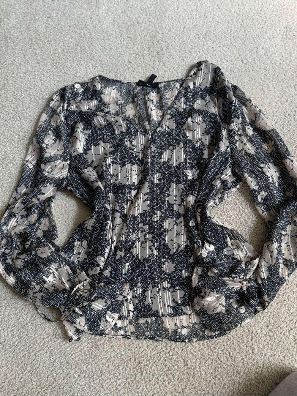 Womens Black and Cream Floral Long-Sleeve Blouse classy elegant